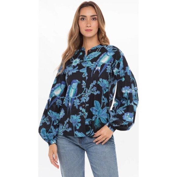 💕BANJANAN💕 Ella Shirt ~ Woden Hedgerow Black Floral Bird Print XS NWOT - Picture 1 of 14